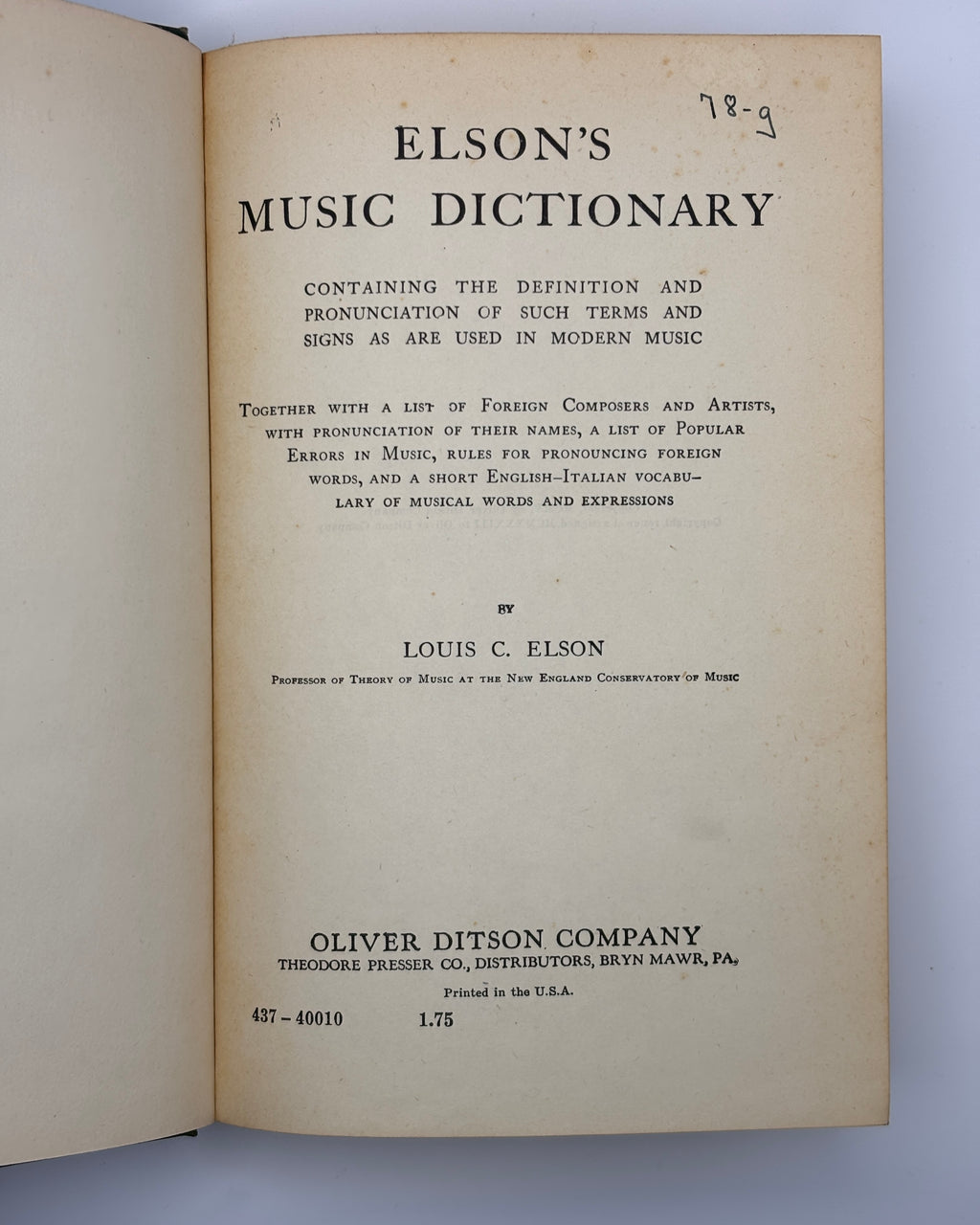 Elson's Music Dictionary - Louis C. Elson (Used - Good)