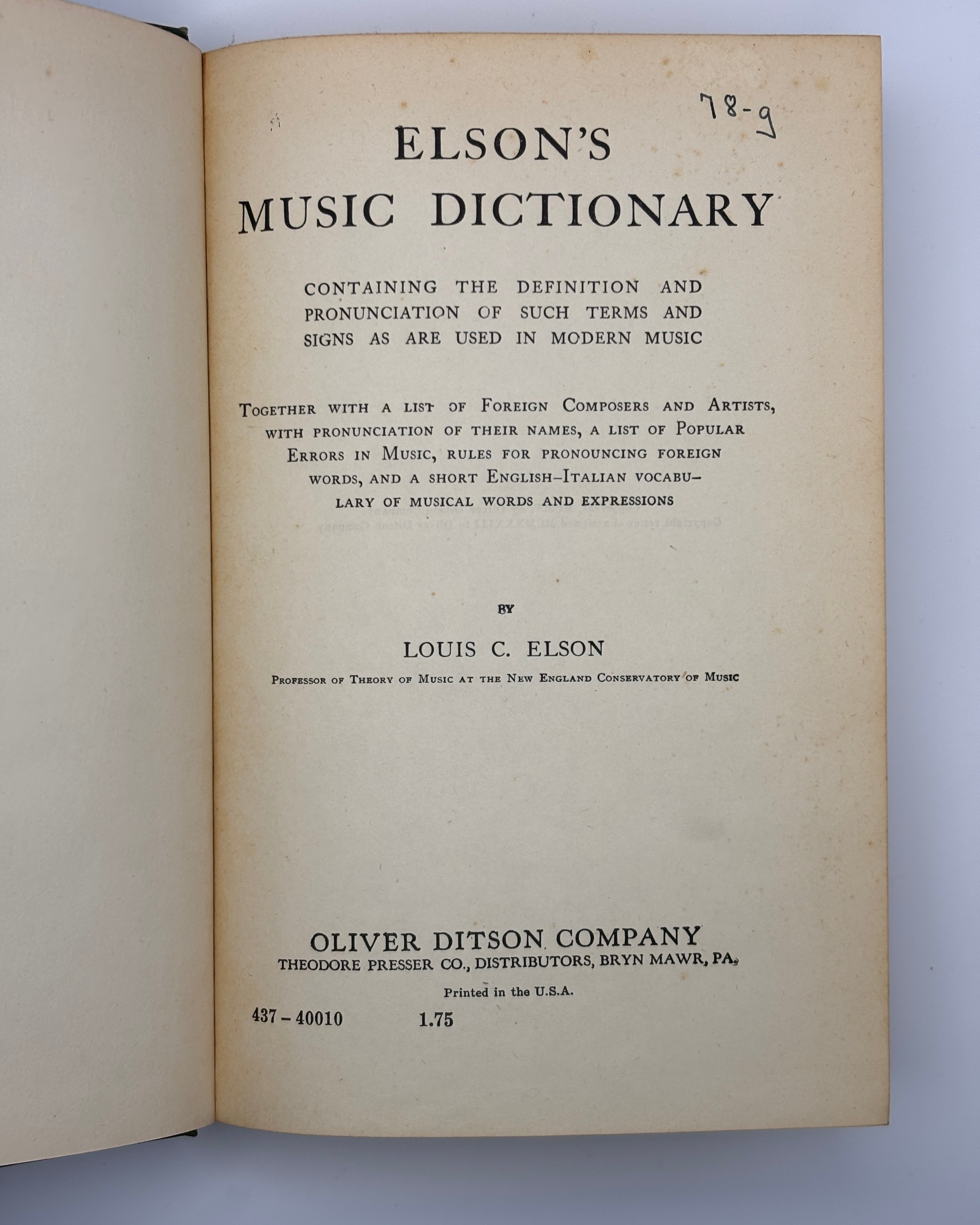 Elson's Music Dictionary - Louis C. Elson (Used - Good)