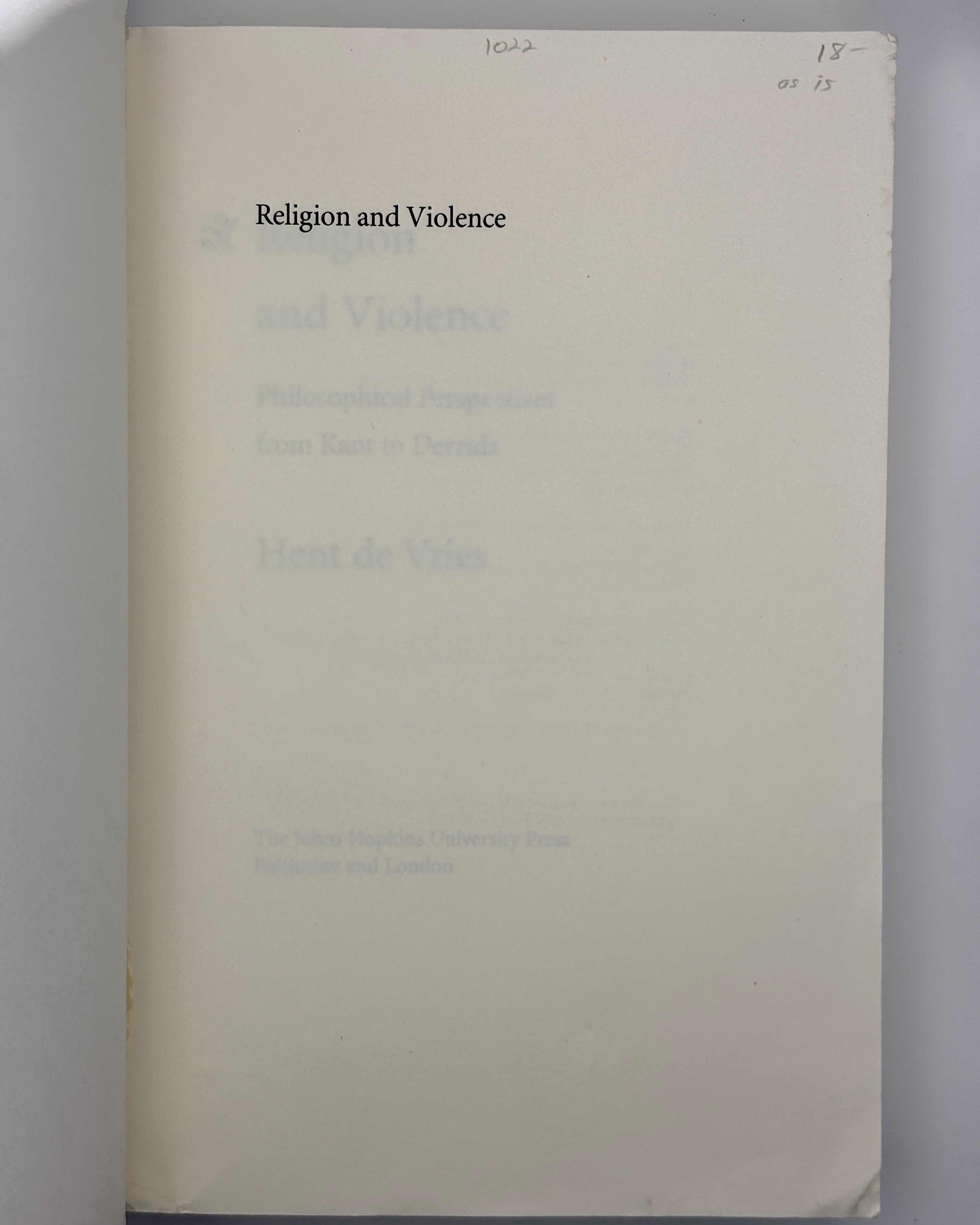 Religion and Violence by Hent de Vries (Very Good)